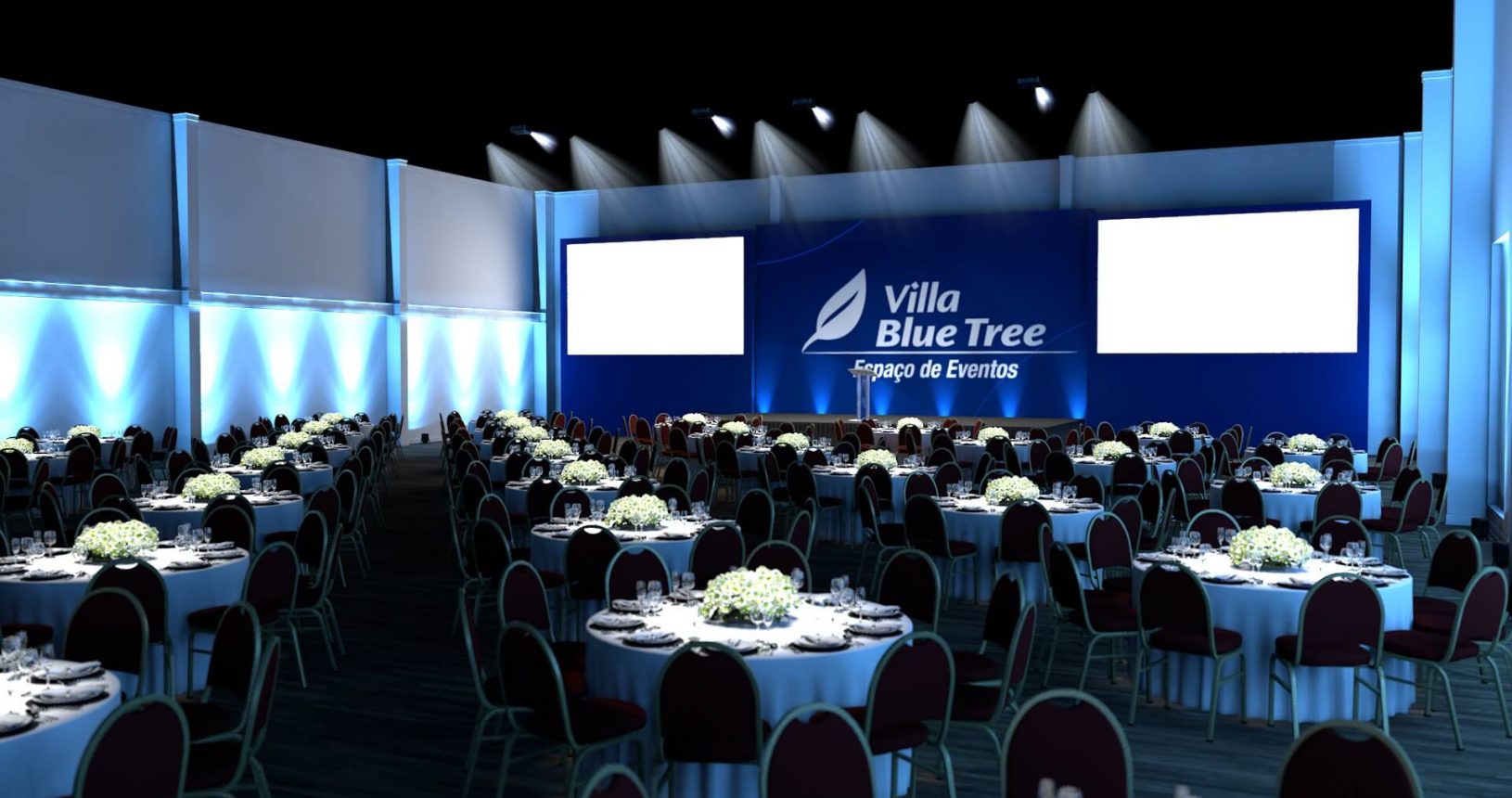 3D do salão TAI-AN no Formato Banquete, com inúmeras cadeiras, mesas, telões e palco para apresentação